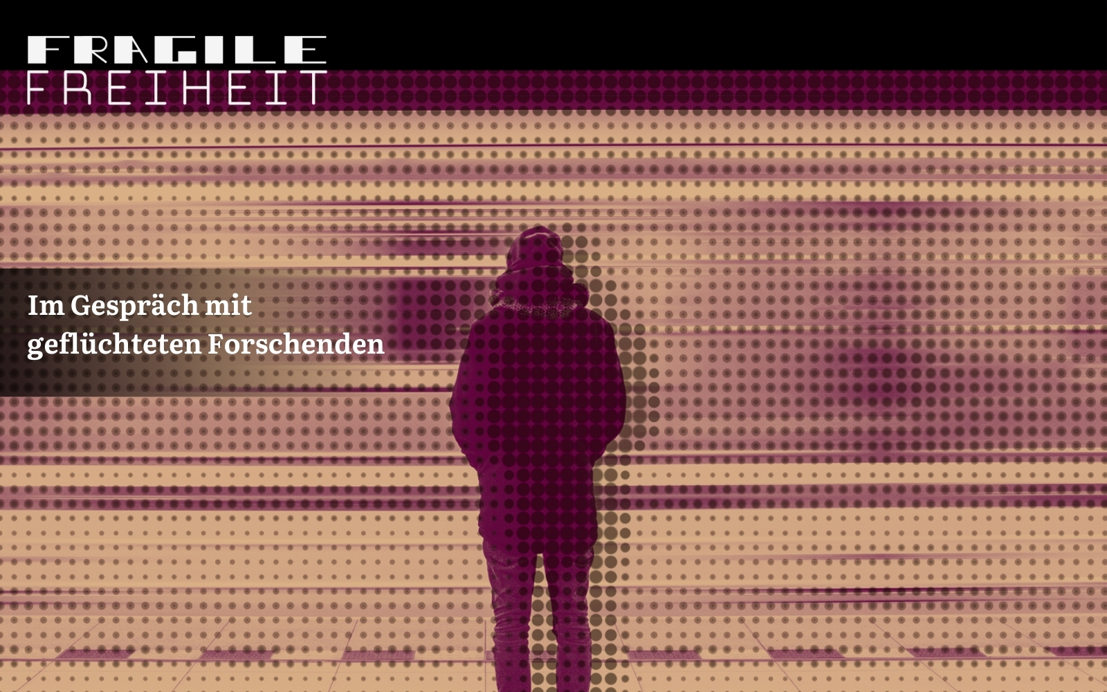 Poster with a silhouette of a person standing, overlaid with the text "FRAGILE FREIHEIT" and "Im Gespräch mit geflüchteten Forschenden" on a patterned background.